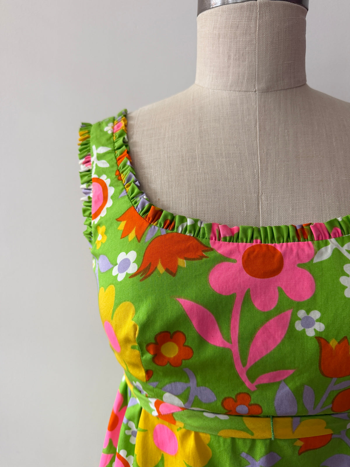 1960s Vintage Neon Flower Power Cotton Mini Dress by Lanz