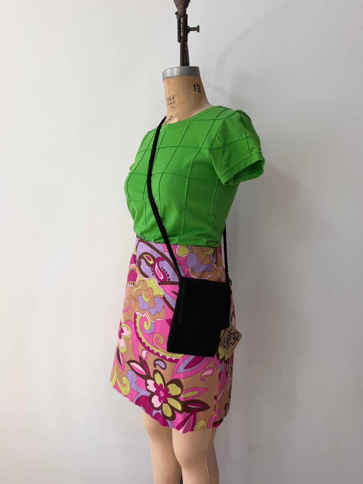 1990s Vintage Bright Green Square Patchwork Top Tee Shirt