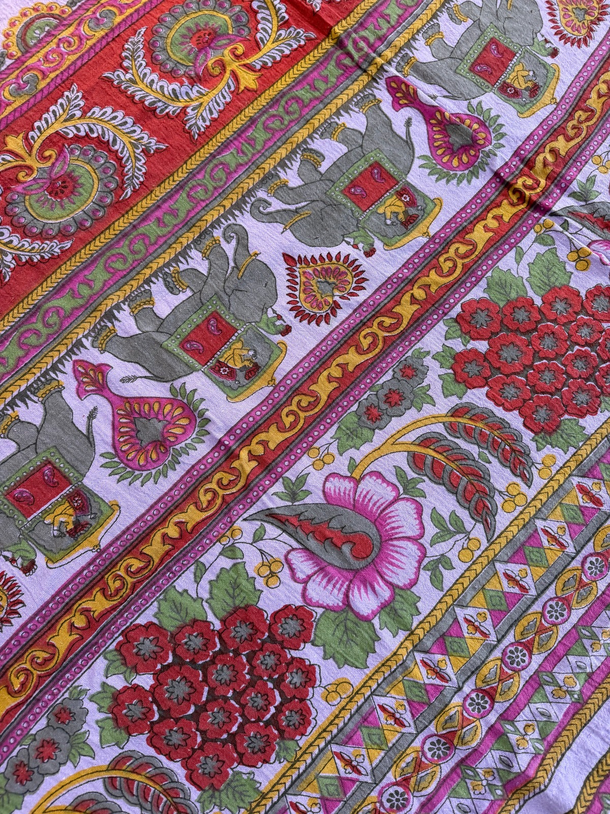 1970s Vintage Indian Cotton Hand Block Printed Uncut Fabric Yardage - Bright Purple Elephants - 64" x 96" (#12)