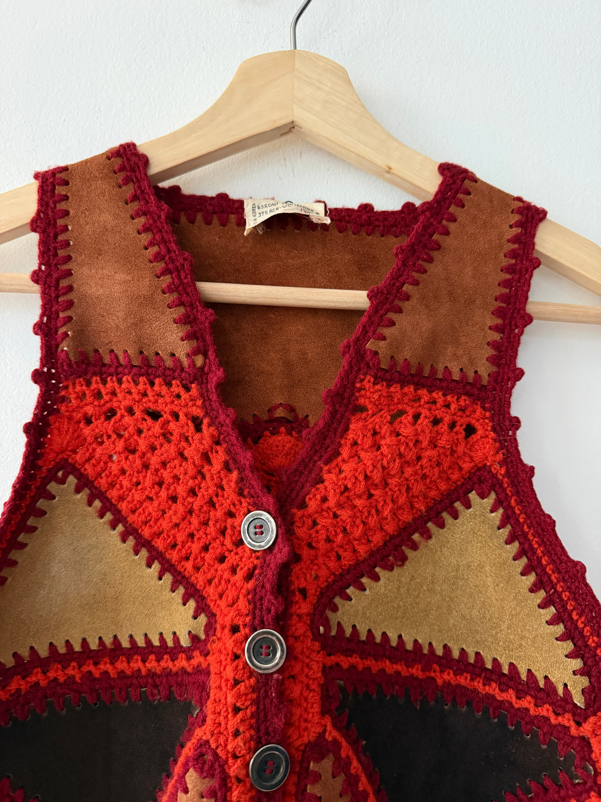 1970s Vintage Red and Orange Knitted Suede  Patchwork Vest