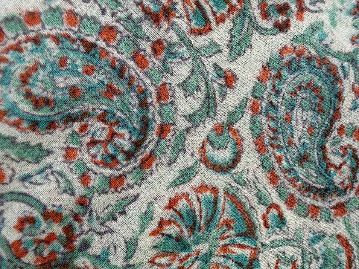 1970s Vintage Indian Cotton Hand Block Printed Uncut Fabric Yardage - Coral / Teal - 80" x 92" (#8)