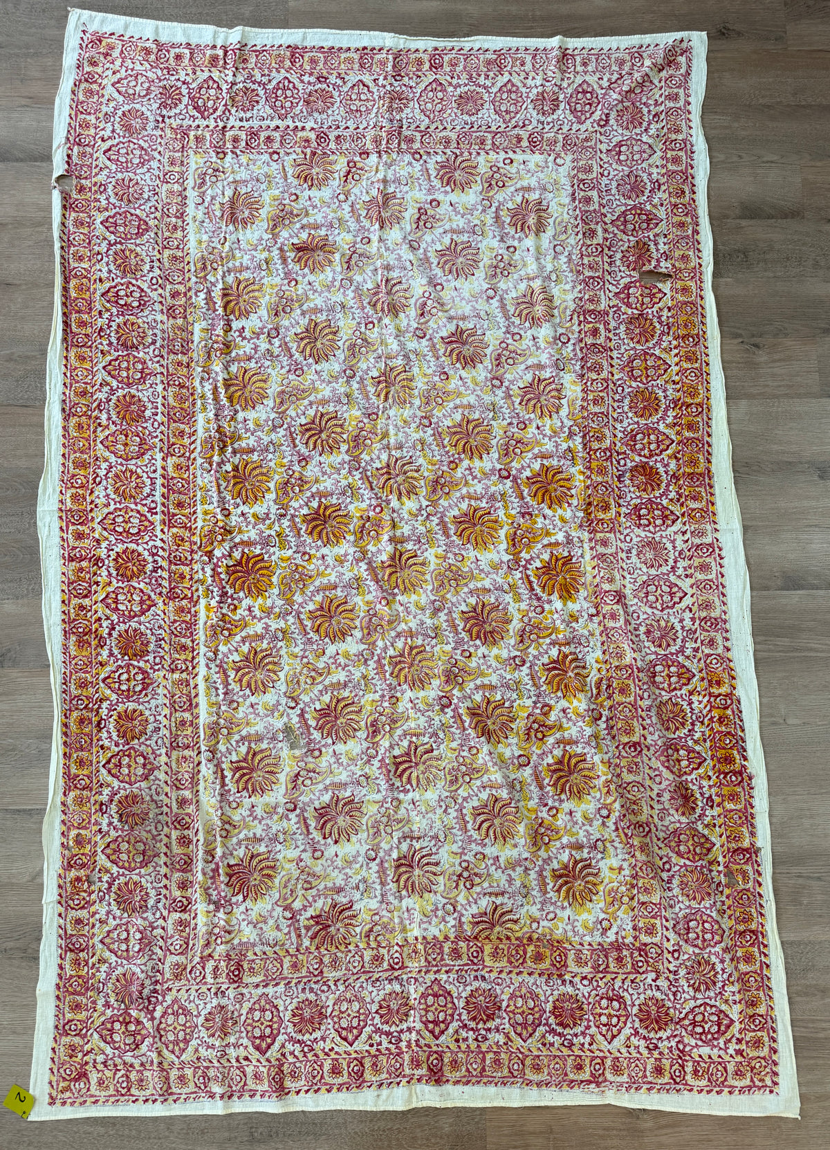 1970s Vintage Indian Cotton Hand Block Printed Uncut Fabric Yardage - Red / Pink / Yellow Lotus Flower - 64" x 100" (#2)