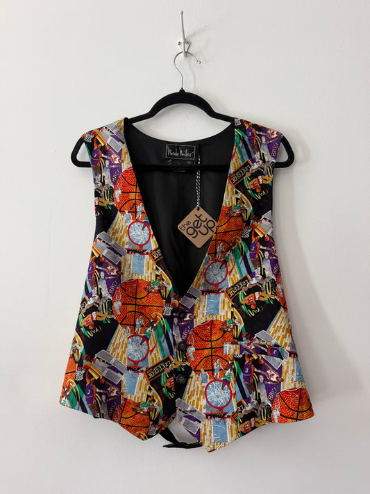 2000's Y2K Vintage Nicole Miller Novelty Print Basketball Vest 100% Silk