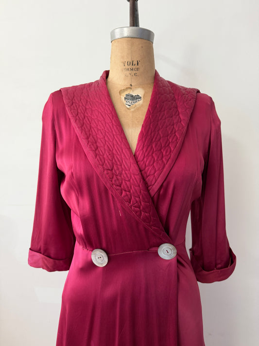1940s Vintage Satin Plum Robe with Shell Buttons Old Hollywood Style