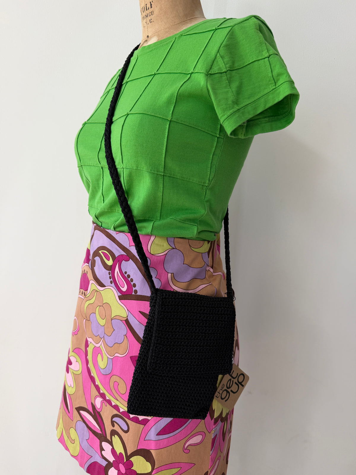 1990s Vintage Bright Green Square Patchwork Top Tee Shirt