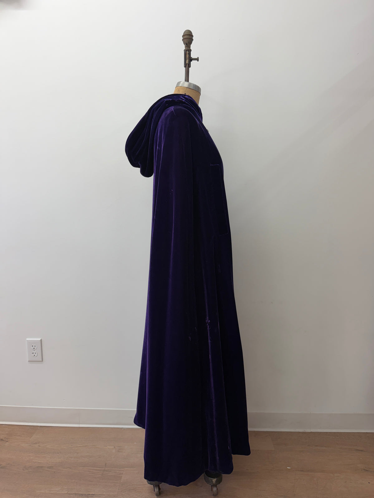 1950s - 1960s Vintage Deep Purple Velvet with Rhinestone Buttons Full Length Cape Cloak with Hood