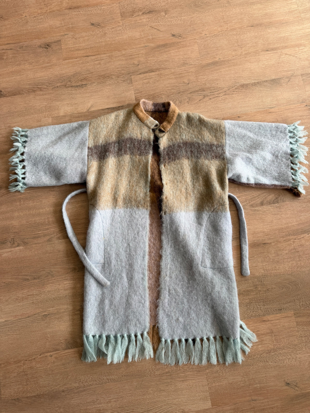 1970s - 80s Vintage Robins Egg Blue and Brown Mohair Blanket Coat