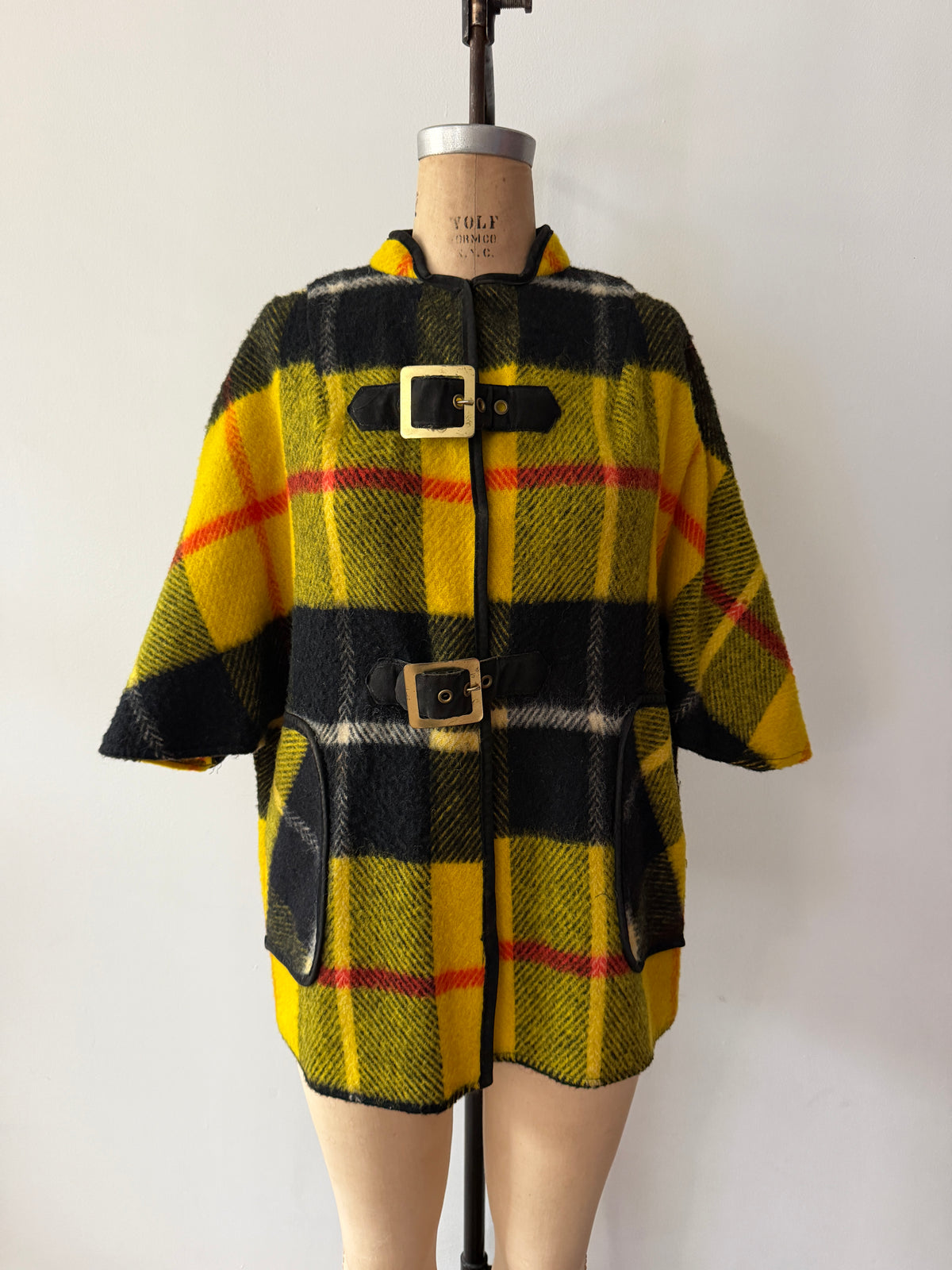 1960s Yellow Plaid Buckle Poncho Capelette by King of the Ponchos