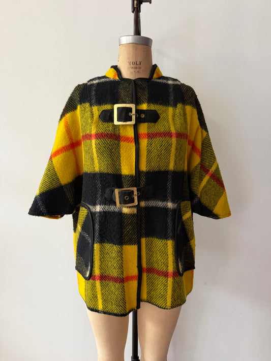 1960s Yellow Plaid Buckle Poncho Capelette by King of the Ponchos