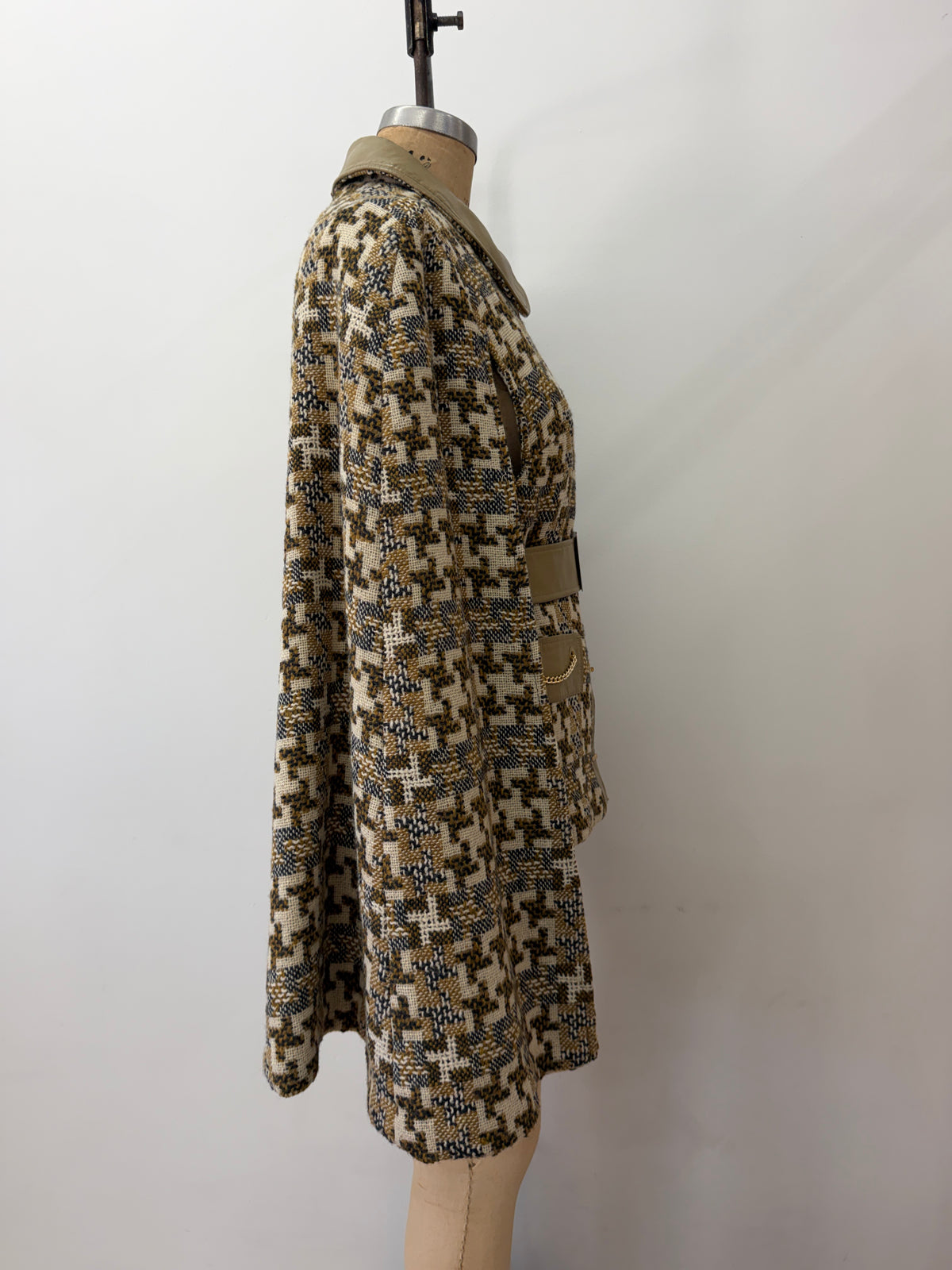 1960s Vintage Mod Wool Chain Belted Capelette Coat with Cape Over