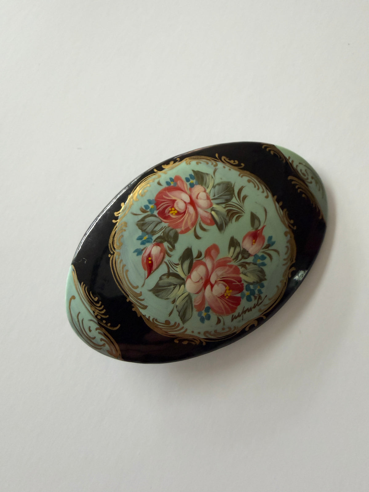 1990s Vintage Painted Wood Floral Oval Brooch