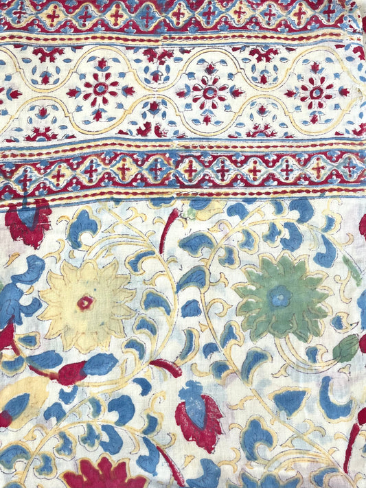 1970s Vintage Indian Cotton Hand Block Printed Uncut Fabric Yardage - Red / Cream / Blue / Green Large Blooms - 66" x 98" (#6)