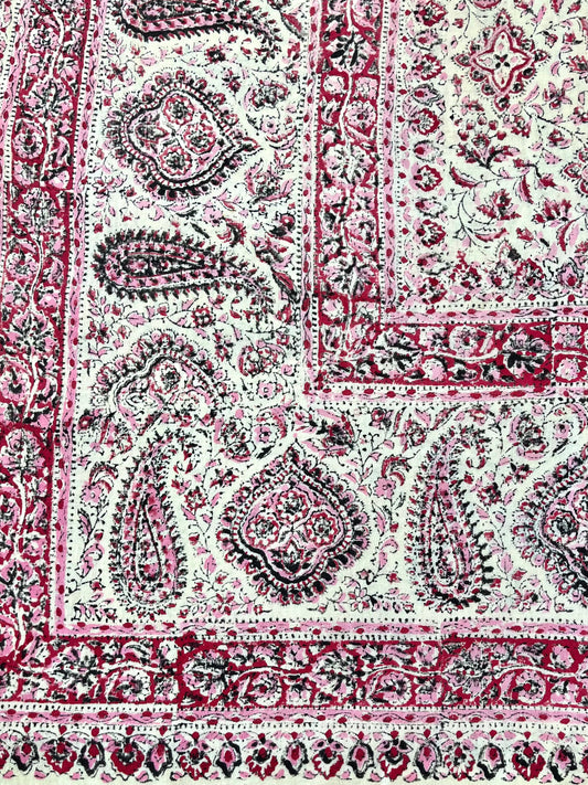 1970s Vintage Indian Cotton Hand Block Printed Uncut Fabric Yardage - Pink / Red -   64" x 98" (#4)