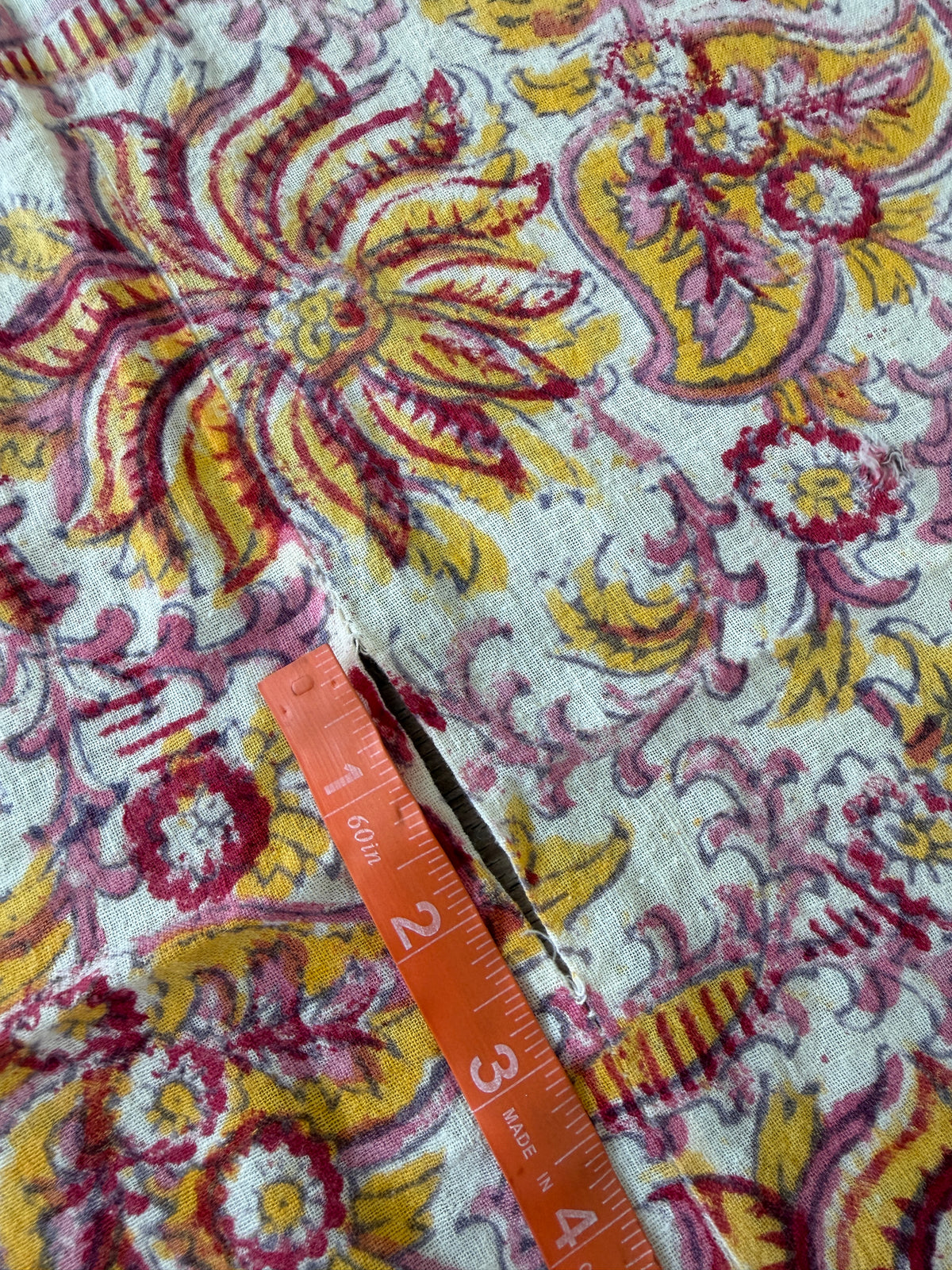 1970s Vintage Indian Cotton Hand Block Printed Uncut Fabric Yardage - Red / Pink / Yellow Lotus Flower - 64" x 100" (#2)