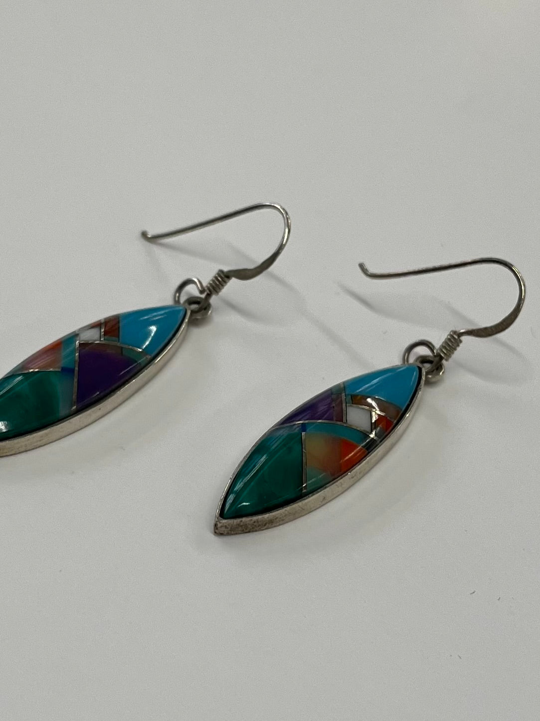 1990s Vintage Sterling Silver Stone Inlay Earrings