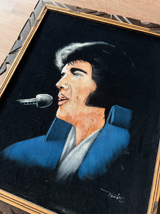 1970s Vintage Elvis The King in Blue Black Velvet Painting Handmade Signed Wall Art - 19.5" x 23.5"