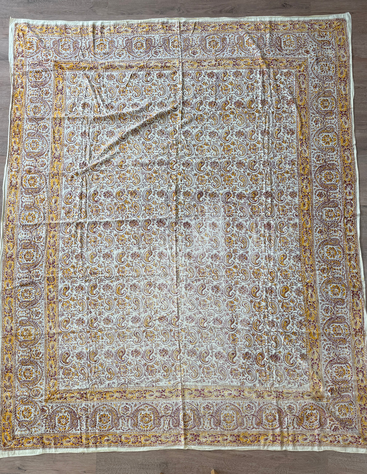 1970s Vintage Indian Cotton Hand Block Printed Uncut Fabric Yardage - Burgundy / Yellow / Paisley- 82" x 100" (#3)