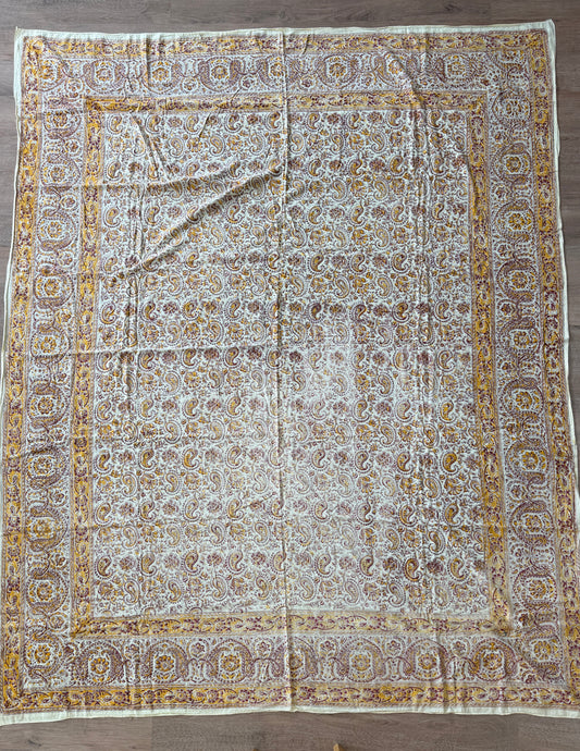 1970s Vintage Indian Cotton Hand Block Printed Uncut Fabric Yardage - Burgundy / Yellow / Paisley- 82" x 100" (#3)