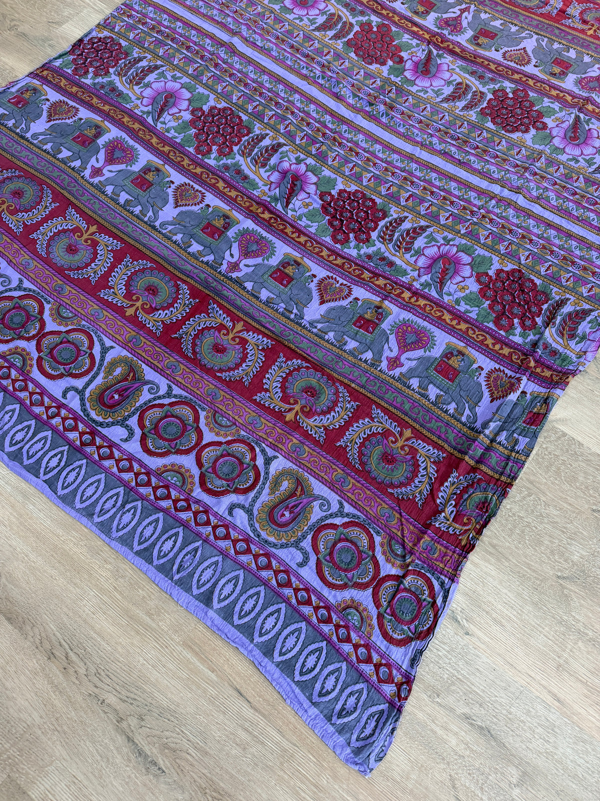 1970s Vintage Indian Cotton Hand Block Printed Uncut Fabric Yardage - Bright Purple Elephants - 64" x 96" (#12)