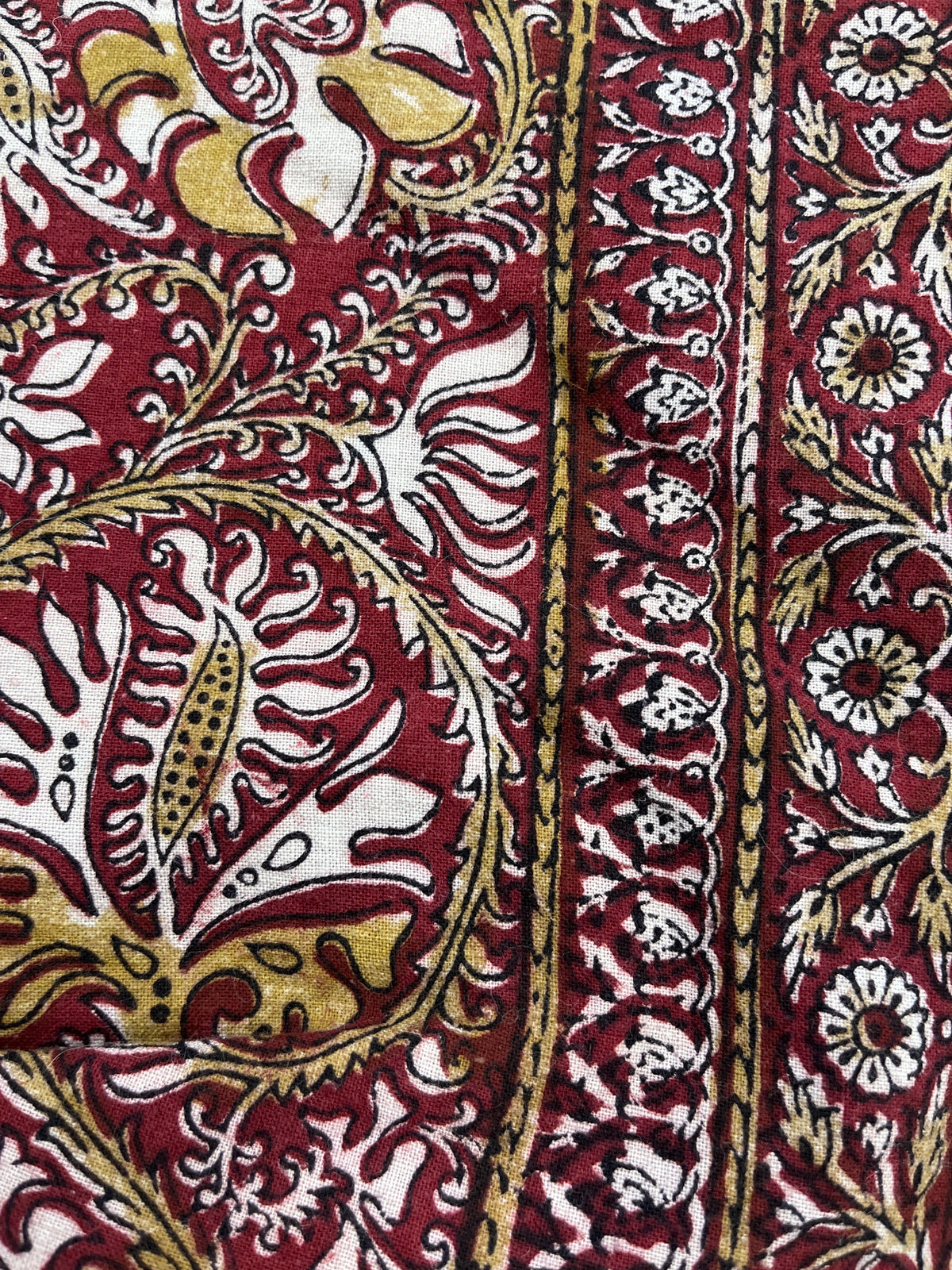 1970s Vintage Indian Cotton Hand Block Printed Uncut Fabric Yardage - Micro Floral / Leaves / Burgundy - 100.5" x 86" (#19)