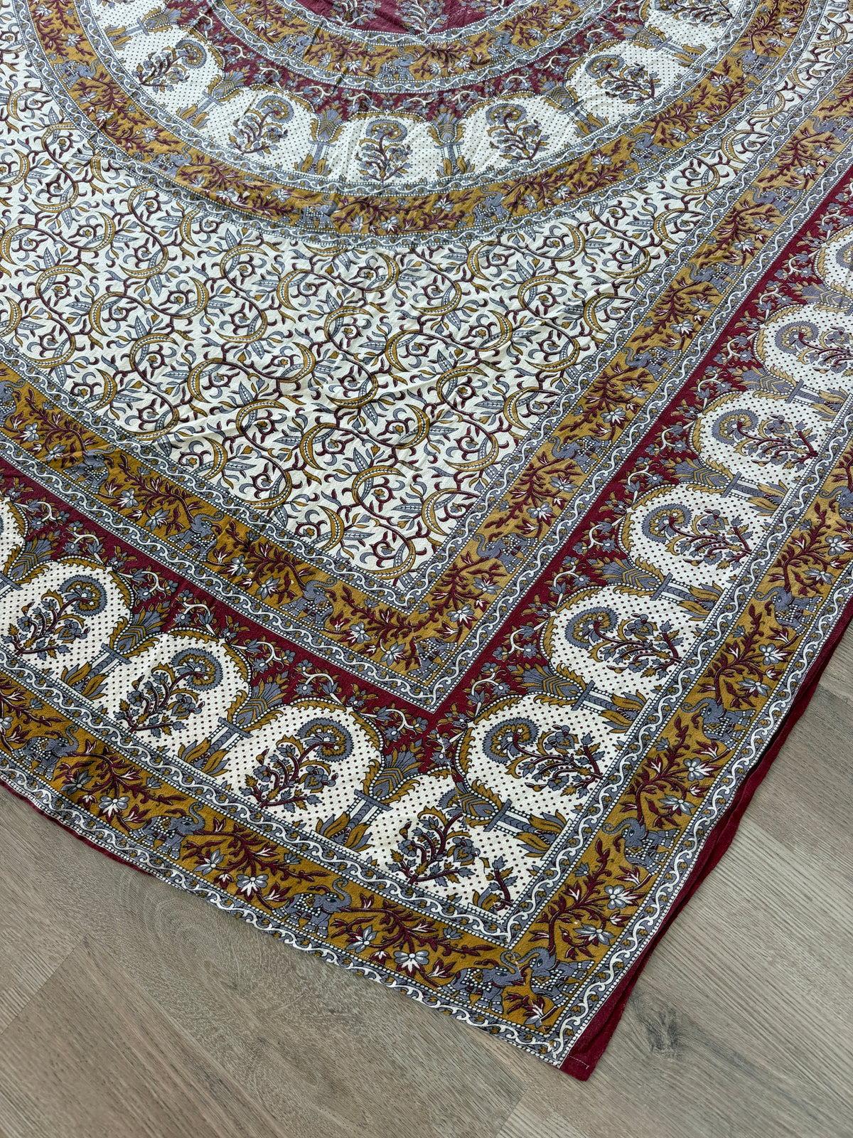 1970s Vintage Indian Cotton Hand Block Printed Uncut Fabric Yardage - Mustard / Gray / Elephants - 156" x 92" (#1)