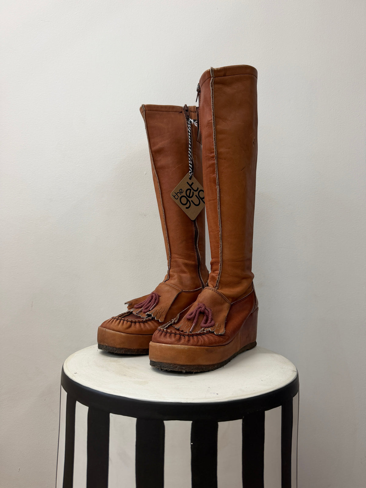 1970s Vintage MUDPUCKER Leather Tall Tassel Boots Womens US 6.5-7