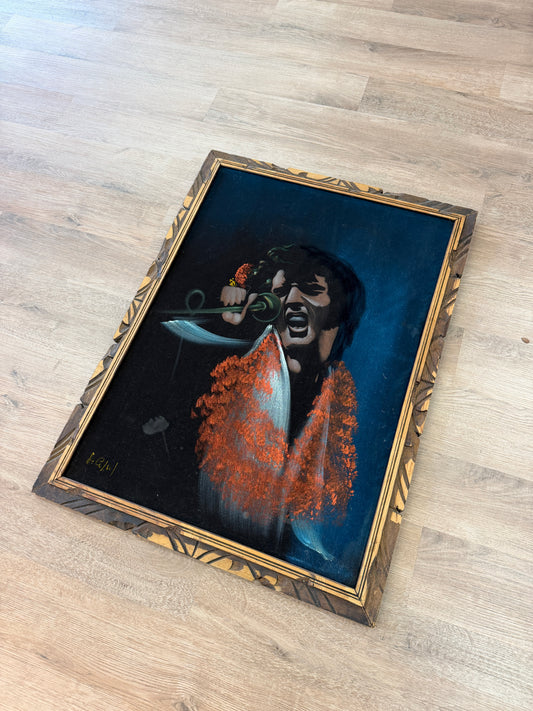 1970s Vintage Elvis in Hawaii The King Black Velvet Painting Handmade Signed Wall Art - 28" x 38"