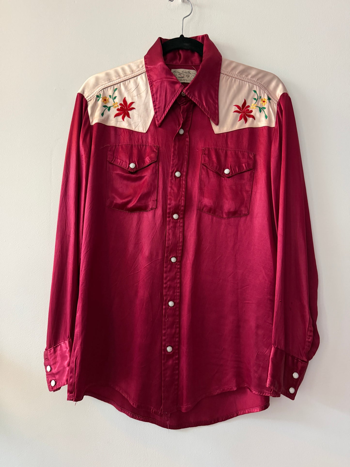 1950s Vintage Triple LLL Brand Western Embroidered Flower Western Satin Rayon Pearl Snap Shirt