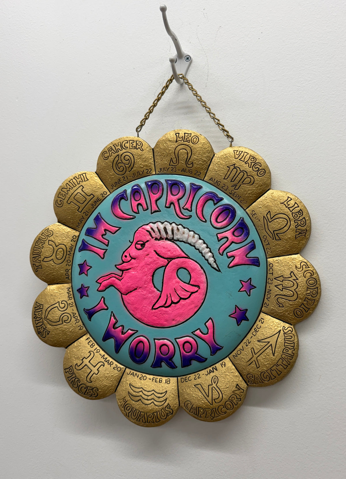 1970s Vintage I’m Capricorn, I Worry! Zodiac Medallion Wall Hanging