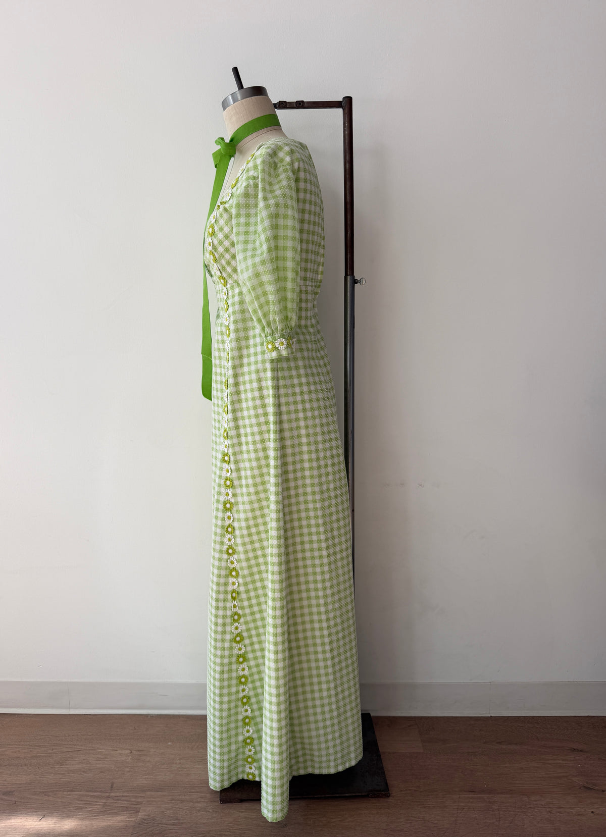 1970s Vintage Green Gingham Prairie Queen Maxi Dress