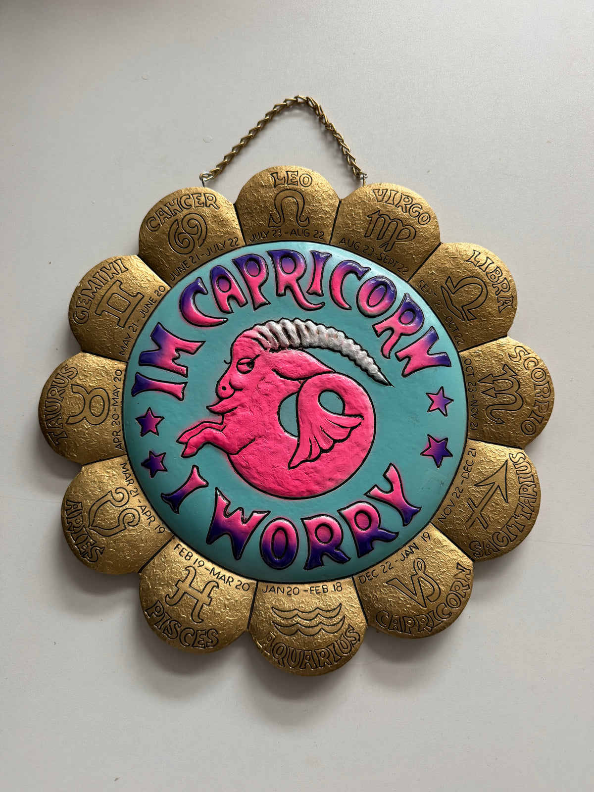 1970s Vintage I’m Capricorn, I Worry! Zodiac Medallion Wall Hanging