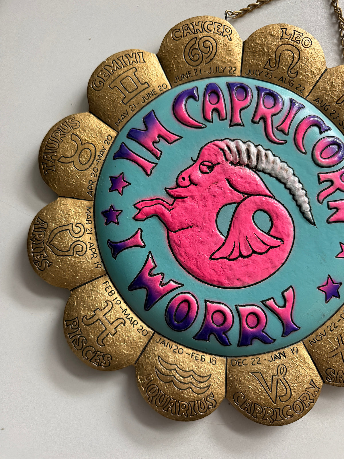 1970s Vintage I’m Capricorn, I Worry! Zodiac Medallion Wall Hanging