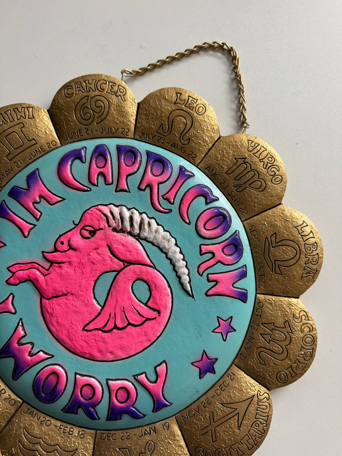 1970s Vintage I’m Capricorn, I Worry! Zodiac Medallion Wall Hanging
