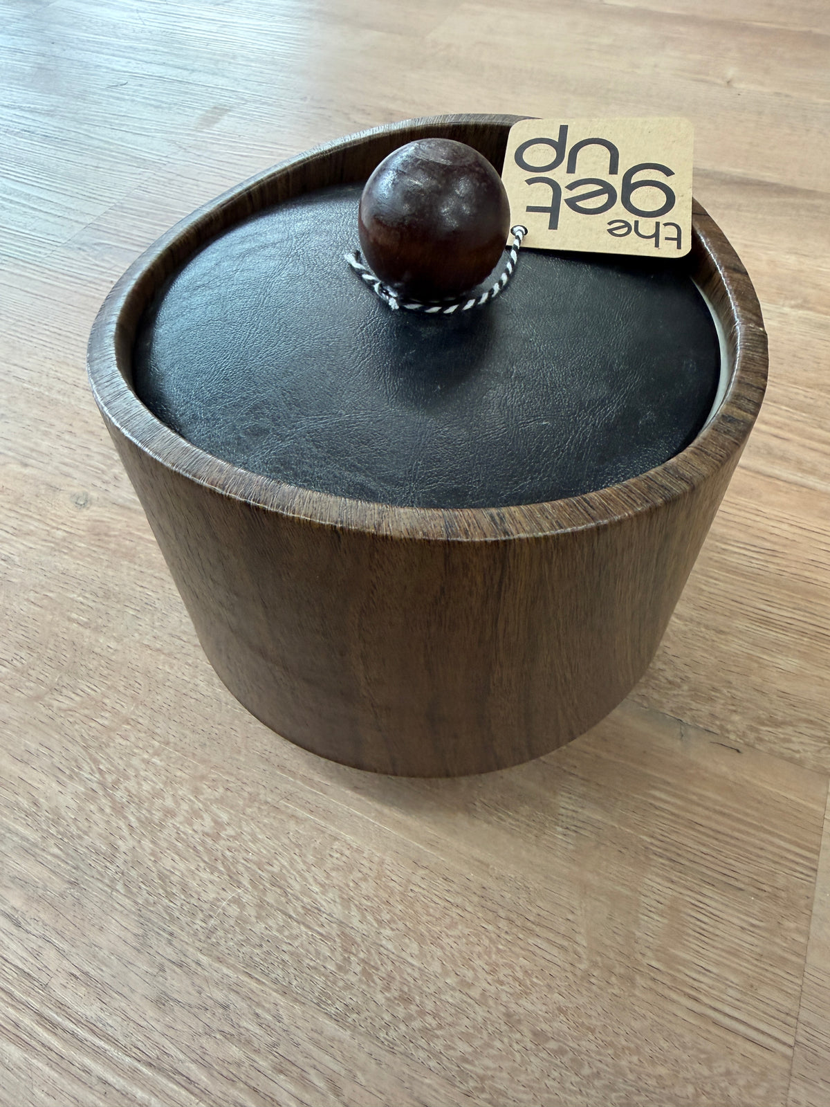 1970s Vintage Wood Look Vinyl Ice Bucket and Barware Set