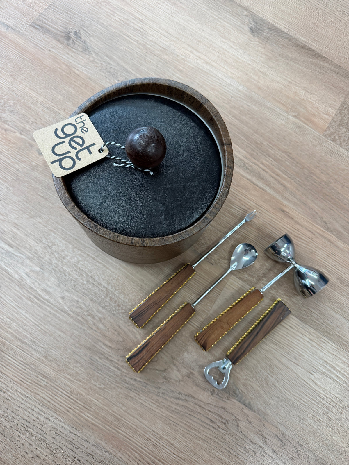 1970s Vintage Wood Look Vinyl Ice Bucket and Barware Set