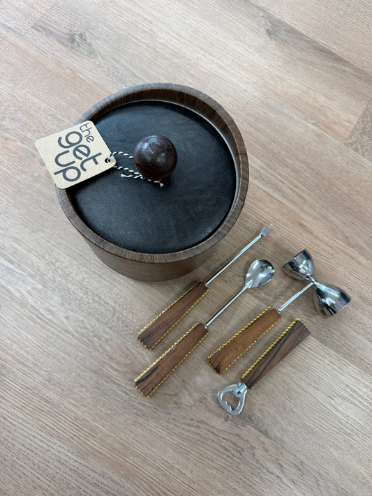 1970s Vintage Wood Look Vinyl Ice Bucket and Barware Set
