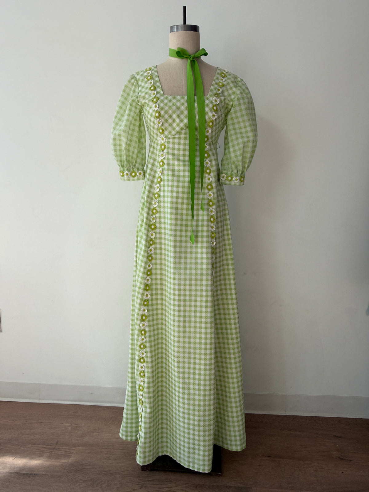 1970s Vintage Green Gingham Prairie Queen Maxi Dress