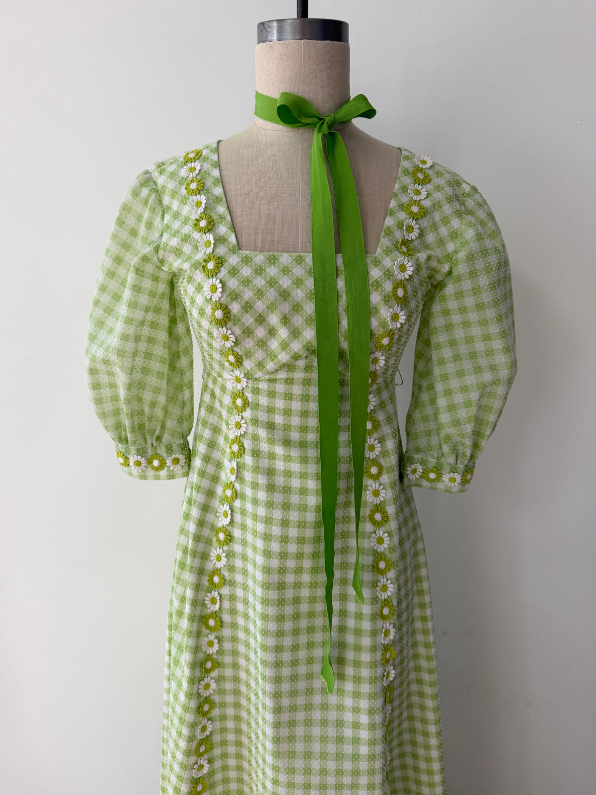 1970s Vintage Green Gingham Prairie Queen Maxi Dress