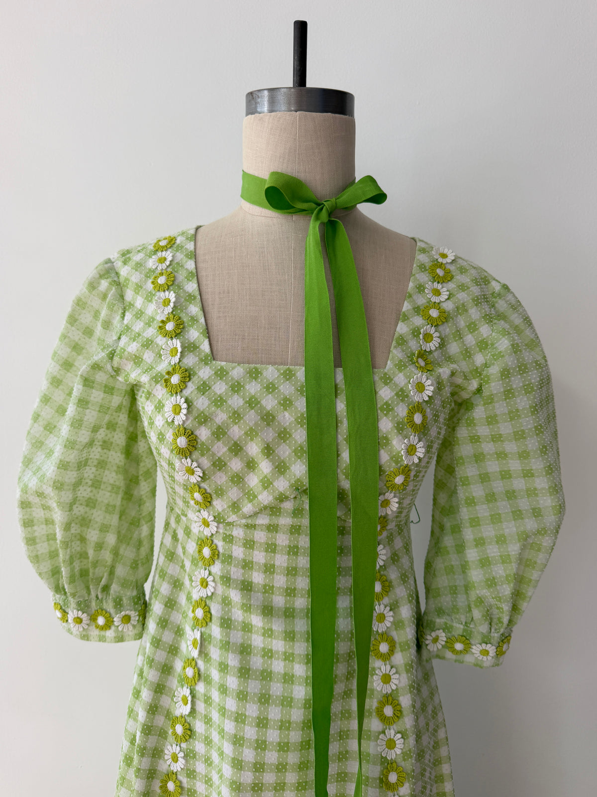 1970s Vintage Green Gingham Prairie Queen Maxi Dress