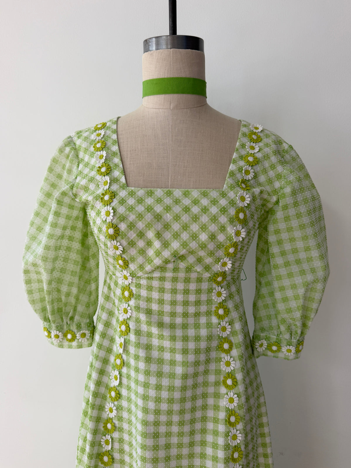 1970s Vintage Green Gingham Prairie Queen Maxi Dress