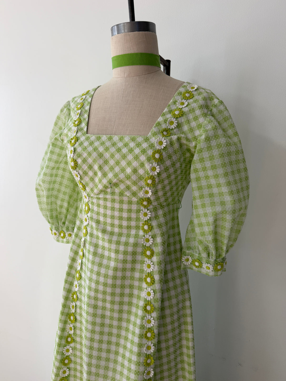 1970s Vintage Green Gingham Prairie Queen Maxi Dress