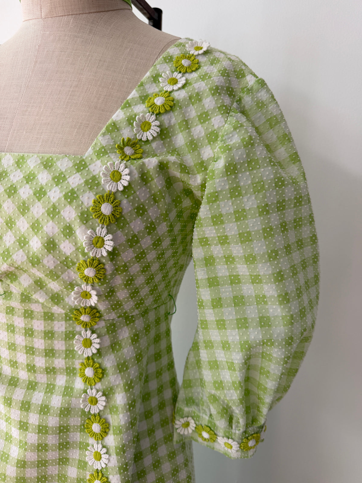 1970s Vintage Green Gingham Prairie Queen Maxi Dress