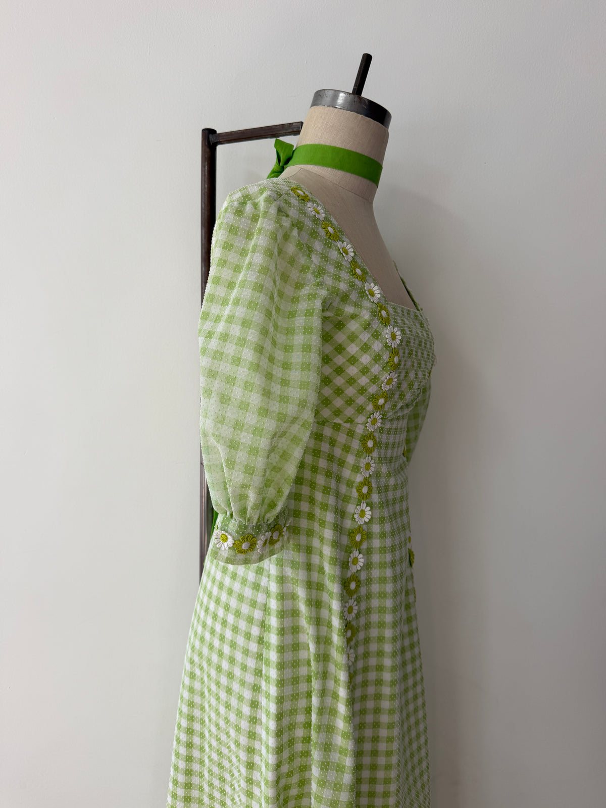 1970s Vintage Green Gingham Prairie Queen Maxi Dress