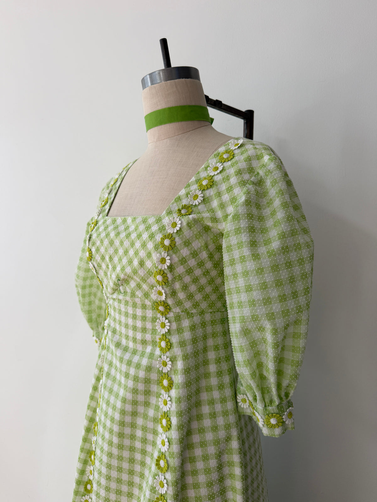 1970s Vintage Green Gingham Prairie Queen Maxi Dress