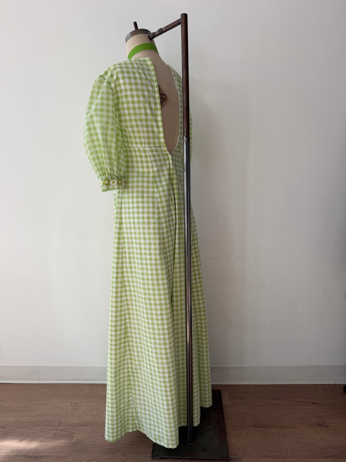 1970s Vintage Green Gingham Prairie Queen Maxi Dress