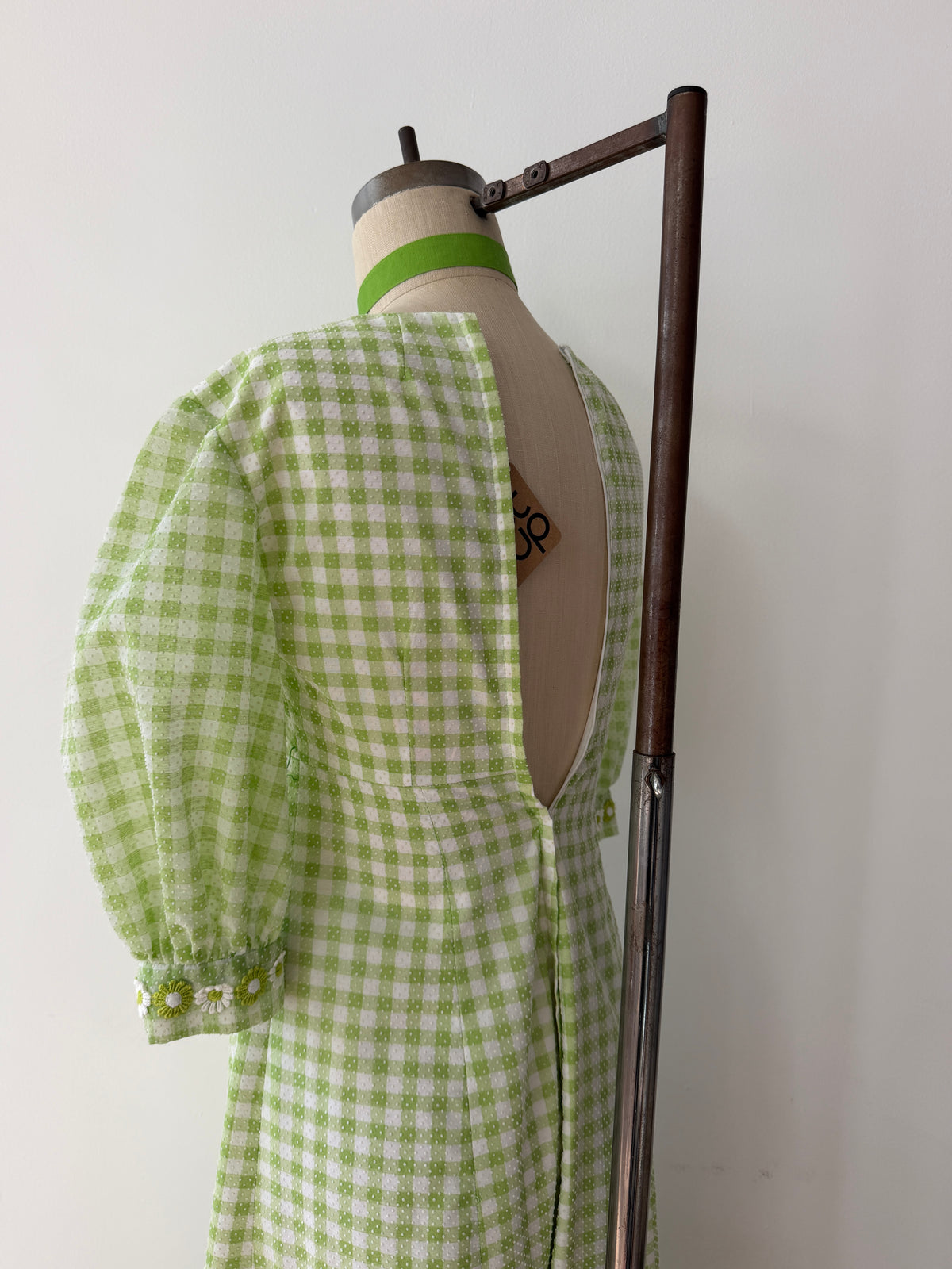1970s Vintage Green Gingham Prairie Queen Maxi Dress