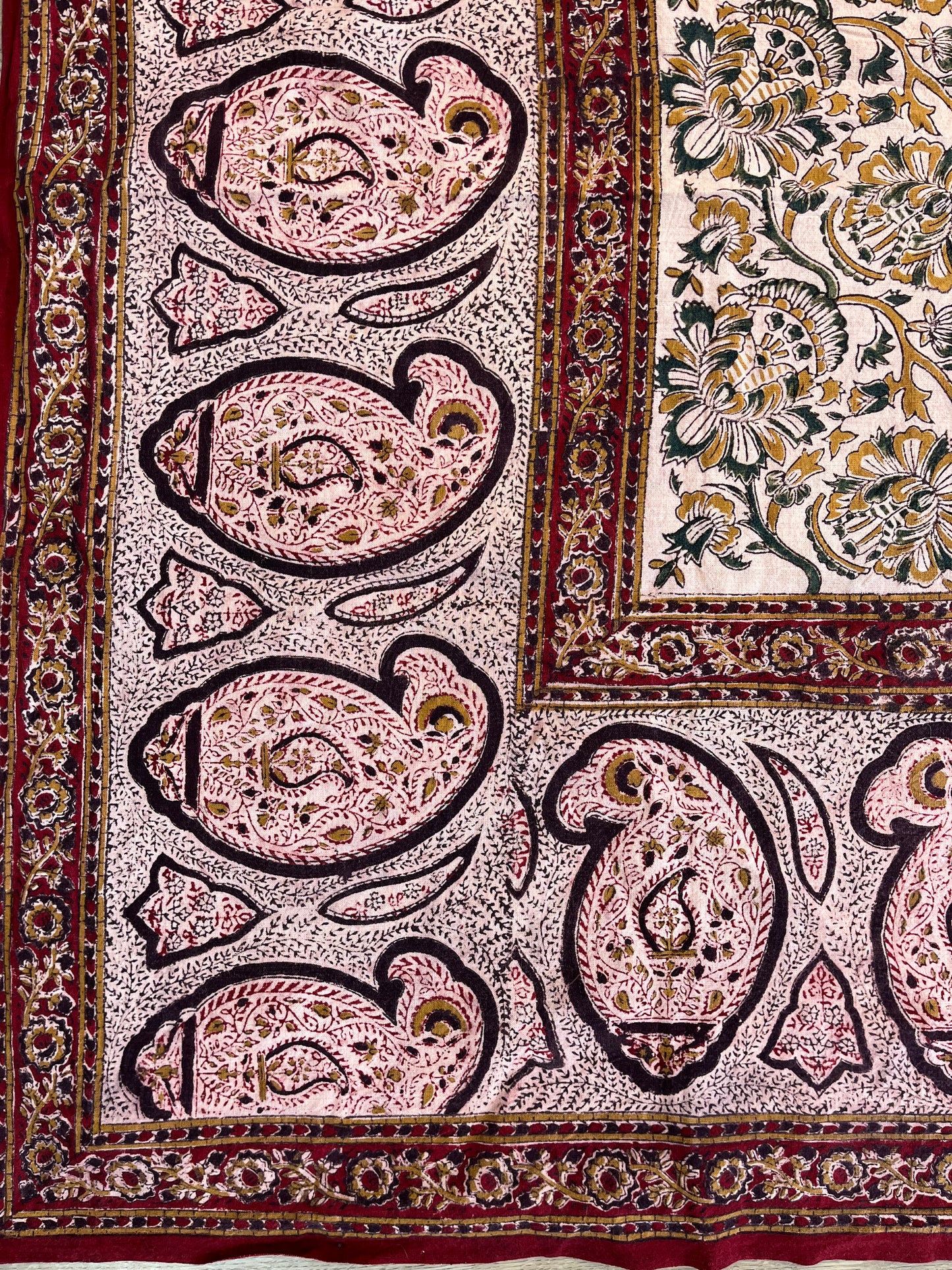1970s Vintage Indian Cotton Hand Block Printed Uncut Fabric Yardage - Micro and Macro Floral / Paisley / Burgundy - 105" x 175" (#20)
