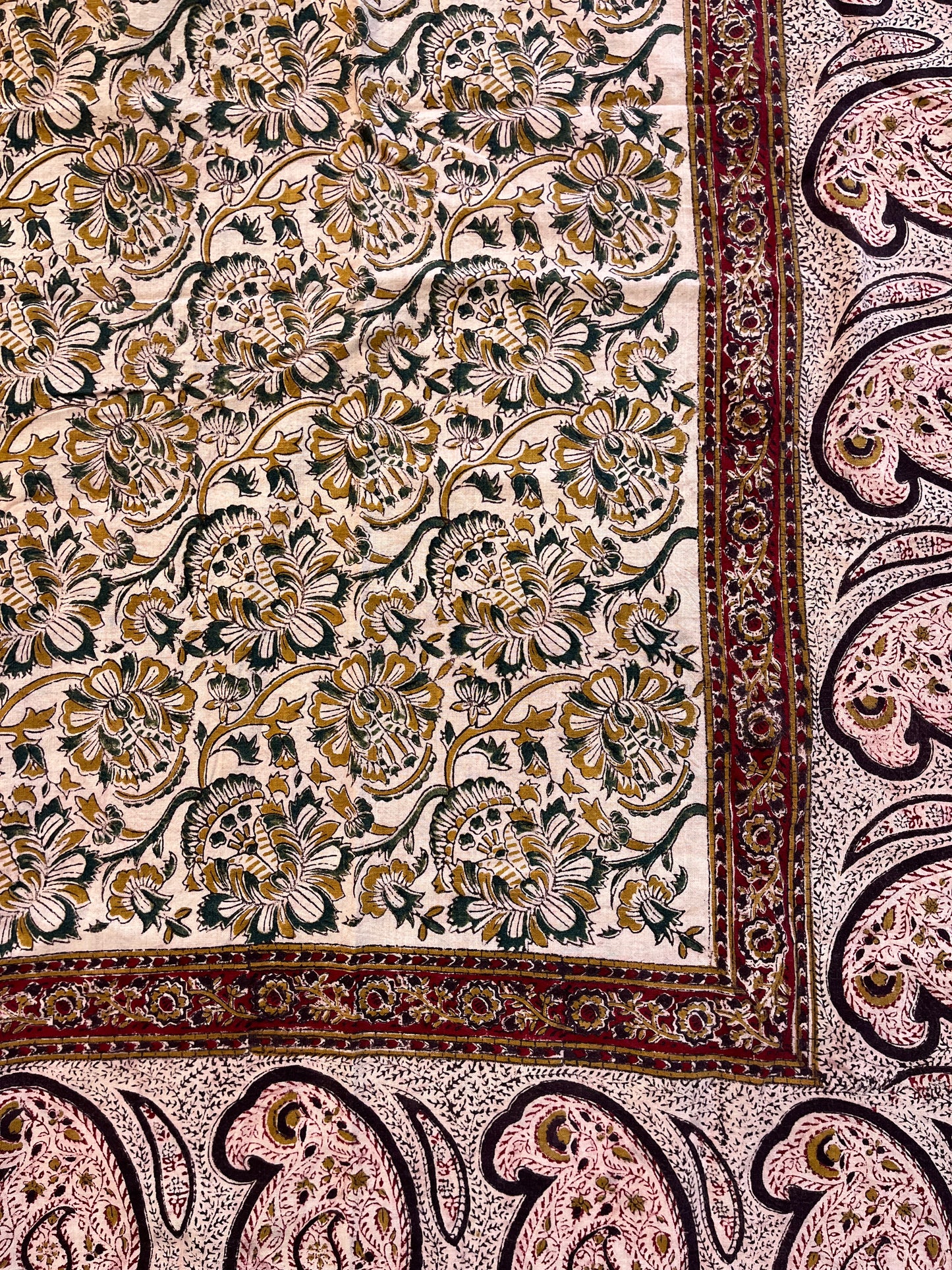 1970s Vintage Indian Cotton Hand Block Printed Uncut Fabric Yardage - Micro and Macro Floral / Paisley / Burgundy - 105" x 175" (#20)