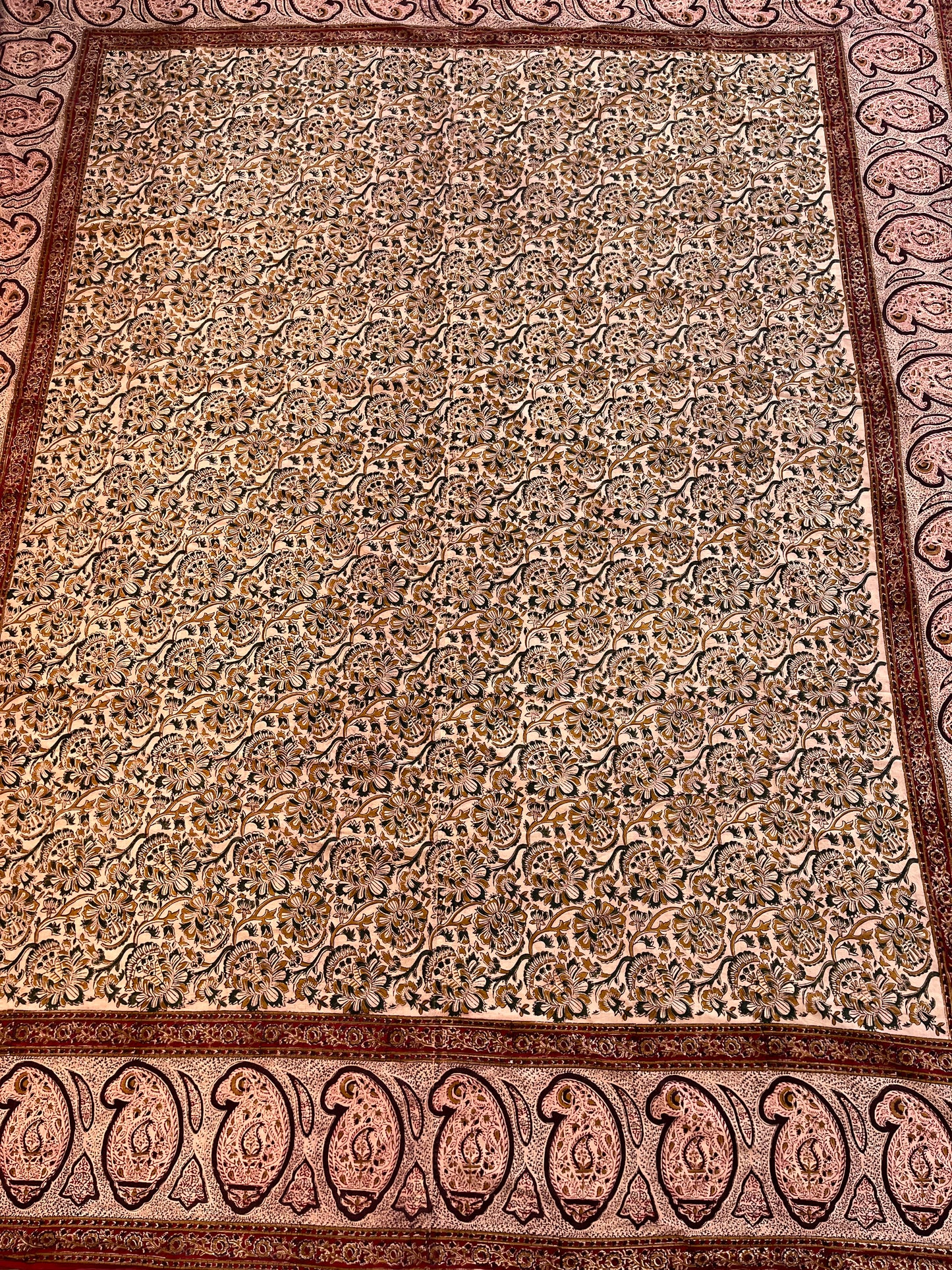 1970s Vintage Indian Cotton Hand Block Printed Uncut Fabric Yardage - Micro and Macro Floral / Paisley / Burgundy - 105" x 175" (#20)