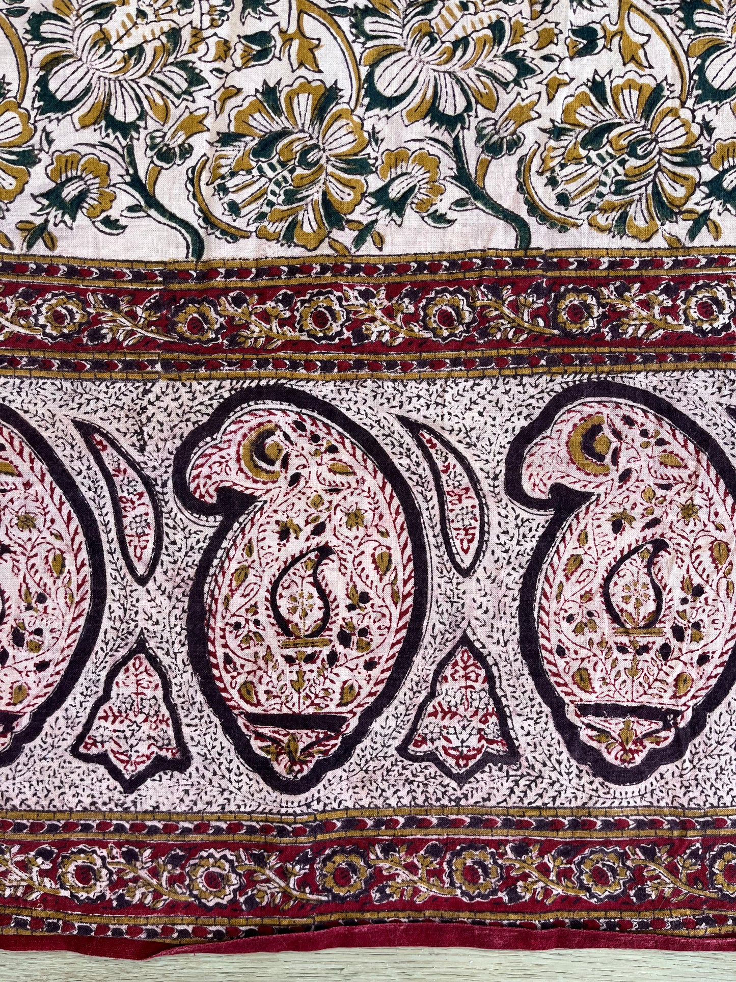 1970s Vintage Indian Cotton Hand Block Printed Uncut Fabric Yardage - Micro and Macro Floral / Paisley / Burgundy - 105" x 175" (#20)
